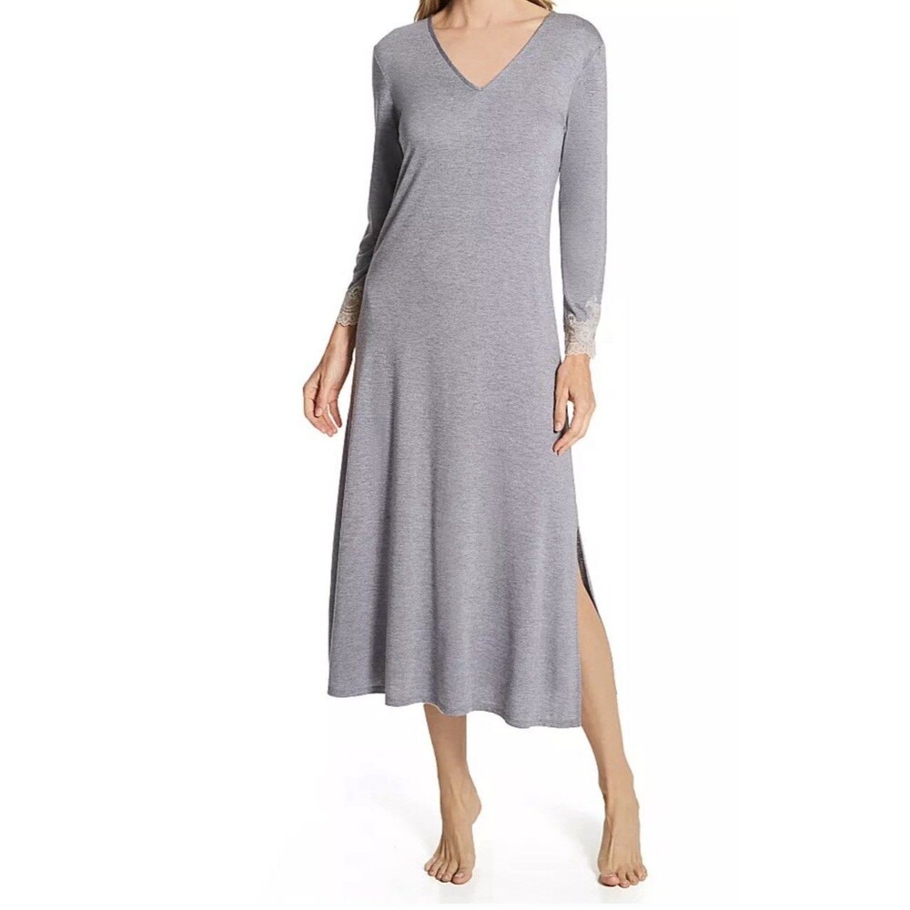 Natori Luxe Shangri-La Lounger Nightgown Grey Soft With Lace Mother’s Day Gift
